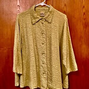 URU Textured 100% Silk Floral Button Down Shirt Olive Green 3/4 Sleeve Blouse XL